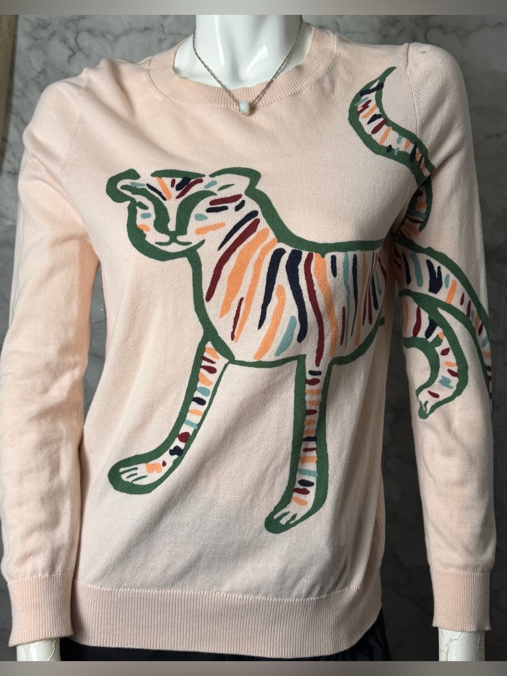 Boden Tiger Soft Brush Pink Peach Crewneck Sweater Whimsical Artsy 100% Cotton S